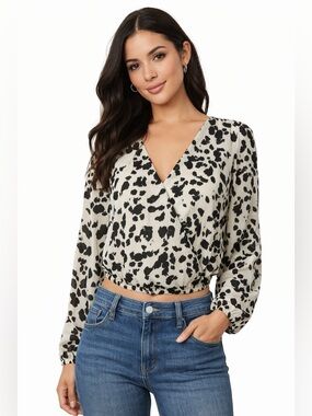 Jopna Black Tan Animal Print Surplice Crop Blouse Long Sleeve Top Size Small